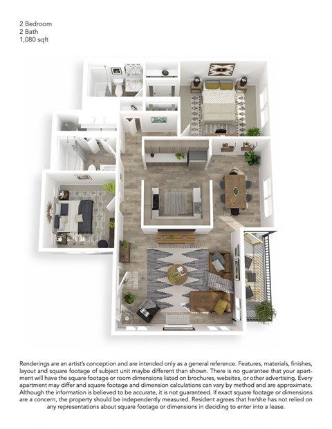 Floor plan for 2 beds, 2 baths, 1080 sqft